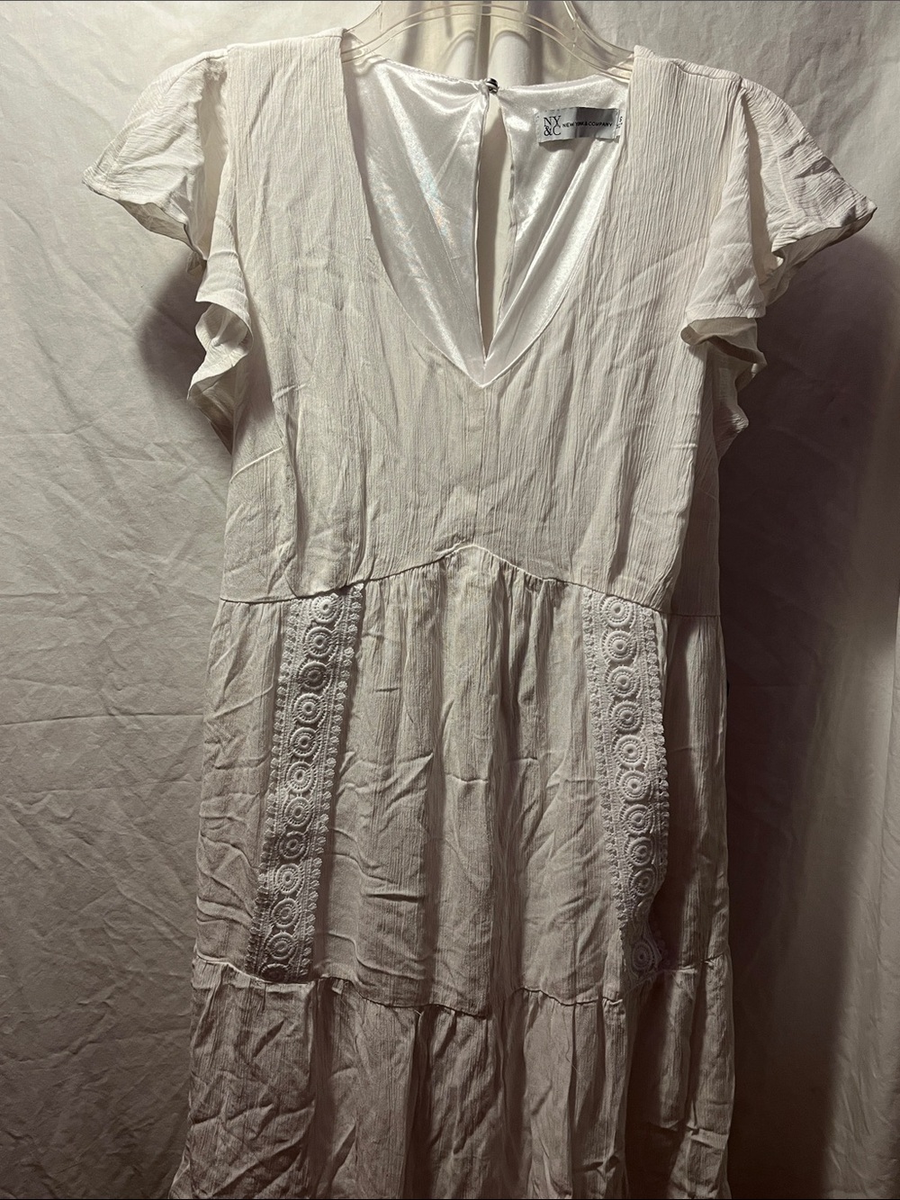 New York & Company Cream V-Neck Tiered Mini Dress with Crochet Panels